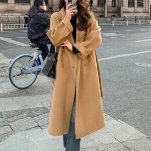 Lapel Collar Plain Double Breasted Long Coat Pink 282403803
