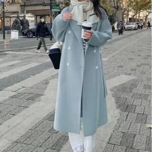 Lapel Collar Plain Double Breasted Long Coat Sky Blue 282403805