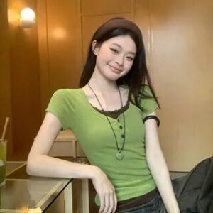Mock Two-Piece Short-Sleeve Two-Tone Lace Trim Henley T-Shirt Green & Coffee 282403843