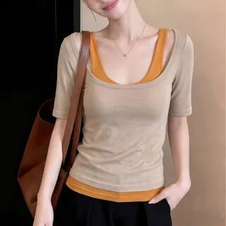 Short Sleeve Scoop Neck Mock Two Piece Top Almond & Tangerine by Cloud Nine