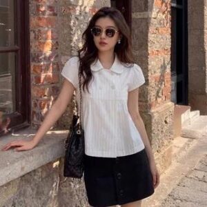 Short Sleeve Doll Collar Striped Button Detail Loose-Fit Blouse White 282403857