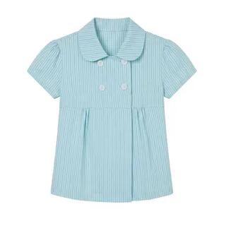 Short Sleeve Doll Collar Striped Button Detail Loose-Fit Blouse Green by Sosana