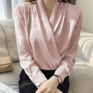 Long-Sleeve V-Neck Wrap Satin Blouse Pink by Lewwe