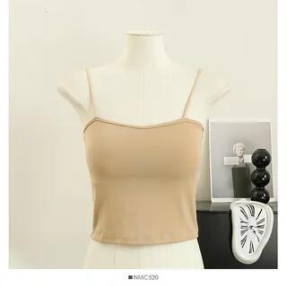 Spaghetti-Strap Plain Cami Top with Pad in 6 Colors Khaki by Lemongrass