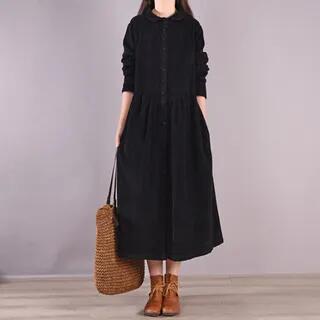Long-Sleeve Corduroy Button-Up Midi Shirtdress Black by Lewwe