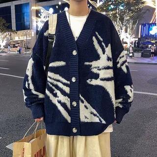 Jacquard Button-Up Cardigan Blue by Freehop