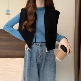 Plain Hood Zip Sweater Vest / Long-Sleeve Mock Neck Plain Top 2700 - Vest - Black by monroll