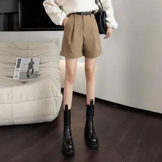 High Waist Plain Corduroy Shorts Khaki by Odestra