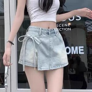 Mid Waist Washed Tie Side Mini Denim Skort Light Blue 282403956