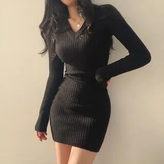 Long-Sleeve V-Neck Plain Ribbed Knit Mini Sheath Dress Black by Yilda