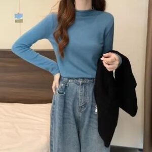 Plain Hood Zip Sweater Vest / Long-Sleeve Mock Neck Plain Top 2701 - Top - Blue 282404069