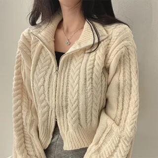 Plain Two-Ways Zip Cardigan Almond by Beaustreet
