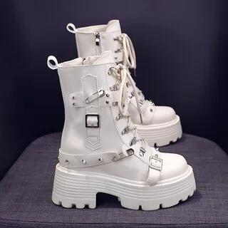 Faux Leather Platform Chunky Heel Buckled Lace-Up Short Boots With Lining - Beige - 34 by Sleeko