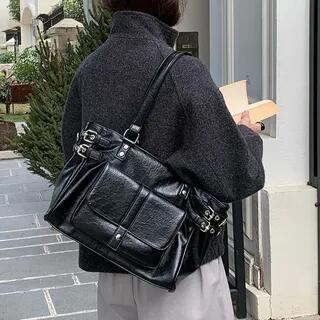 Buckled Multi-Pocket Faux Leather Tote Bag Black by Indenis