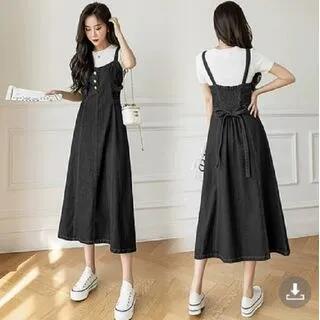 Washed Buttoned Midi Denim Overall Dress Gray by Muezz