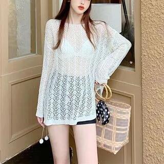 Long-Sleeve Pointelle-Knit Cover-Up White by Melon Juice