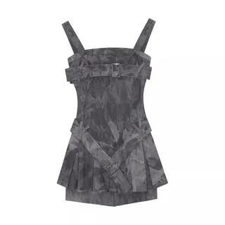 Detachable Strap Tie Dye Washed Pleated Belted Mini A-Line Denim Dress / Plain Bolero Detachable Strap - Denim Dress - Gray by Jilliana