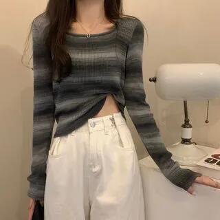 Scoop Neck Striped Sweater Gray by Ukiyo