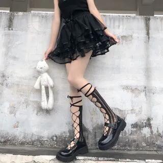 Knee High Socks / Mid Calf Socks (Various Designs) Mid Calf - Tie-Up - Black by Lychee