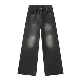 Mid Rise Washed Wide Leg Jeans Black Gray by FAERIS