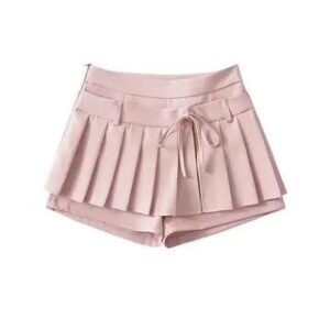 High Waist Plain Pleated Mock Two Piece Mini A-Line Skort Pink 282408365