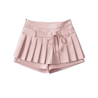 High Waist Plain Pleated Mock Two Piece Mini A-Line Skort Pink by Asiris