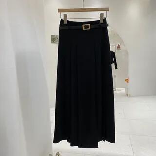 High Waist Plain Pleated Midi A-Line Skirt Black by DIYI