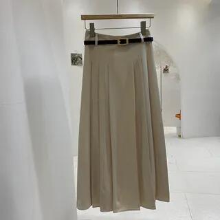 High Waist Plain Pleated Midi A-Line Skirt Almond by DIYI
