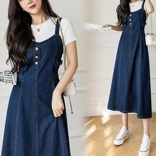 Washed Buttoned Midi Denim Overall Dress Blue by Muezz