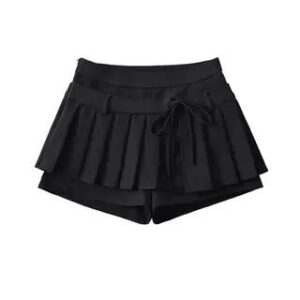 High Waist Plain Pleated Mock Two Piece Mini A-Line Skort Black 282408437