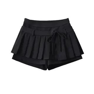 High Waist Plain Pleated Mock Two Piece Mini A-Line Skort Black by Asiris