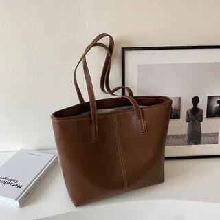 Faux Leather Contrast Trim Tote Bag Brown by KOCORE