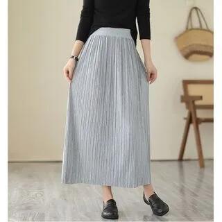 High Rise Plain Ribbed Midi A-Line Skirt Light Gray by Supernova