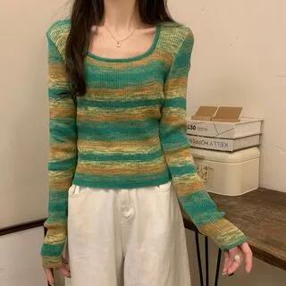 Scoop Neck Striped Sweater Green by Ukiyo