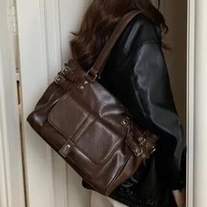 Buckled Multi-Pocket Faux Leather Tote Bag Coffee 282408478