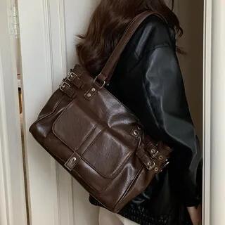 Buckled Multi-Pocket Faux Leather Tote Bag Coffee by Indenis