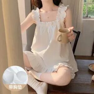 Pajama Set: Bow Ruffle Padded Camisole Top + Shorts 449_4989 - White 282408512