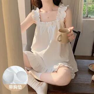 Pajama Set: Bow Ruffle Padded Camisole Top + Shorts 449_4989 - White by Dazzli