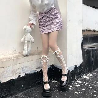 Knee High Socks / Mid Calf Socks (Various Designs) Mid Calf - Tie-Up - White by Lychee