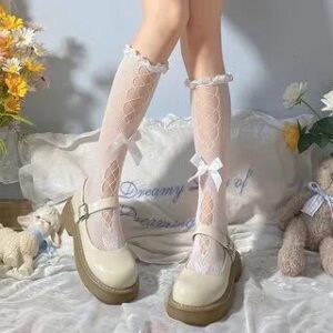 Knee High Socks / Mid Calf Socks (Various Designs) Knee High - Ruffle Trim & Cutout Trim & 1 Bow - White 282408570