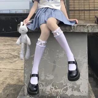 Knee High Socks / Mid Calf Socks (Various Designs) Knee High - Mesh Cuff - White by Lychee