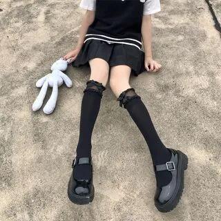 Knee High Socks / Mid Calf Socks (Various Designs) Knee High - Mesh Cuff - Black by Lychee