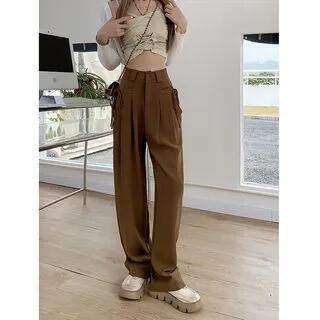 High Rise Plain Tie-Up Wide Leg Slacks Coffee by Shinsei