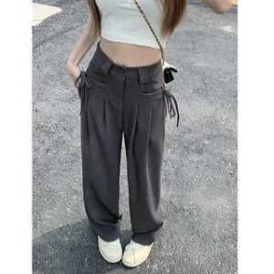High Rise Plain Tie-Up Wide Leg Slacks Gray 282409979