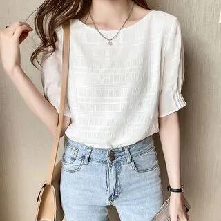 Puff-Sleeve Striped Blouse White by Supernova