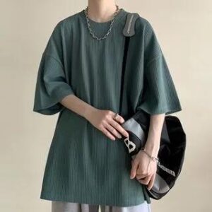 Elbow-Sleeve Crew Neck Plain Oversized T-Shirt A59 - Green 282410012