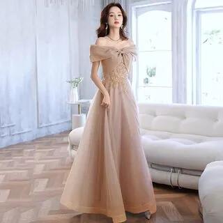 Short-Sleeve Off Shoulder Sequin Beaded Mesh A-Line Evening Gown / Midi Cocktail Dress A-Line Evening Gown - Champagne by MSSBridal