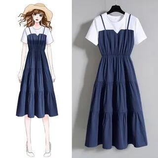 Short-Sleeve Crew Neck Mock Two-Piece Tiered Midi A-Line Dress Blue by Hevnir