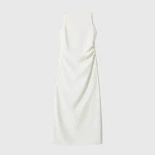 Spaghetti Strap Plain Side-Slit Midi Sheath Dress White by Jeonseon
