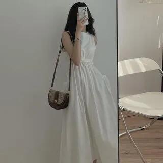 Sleeveless Crew Neck Plain Patch Pocket Midi A-Line Dress White by Happo